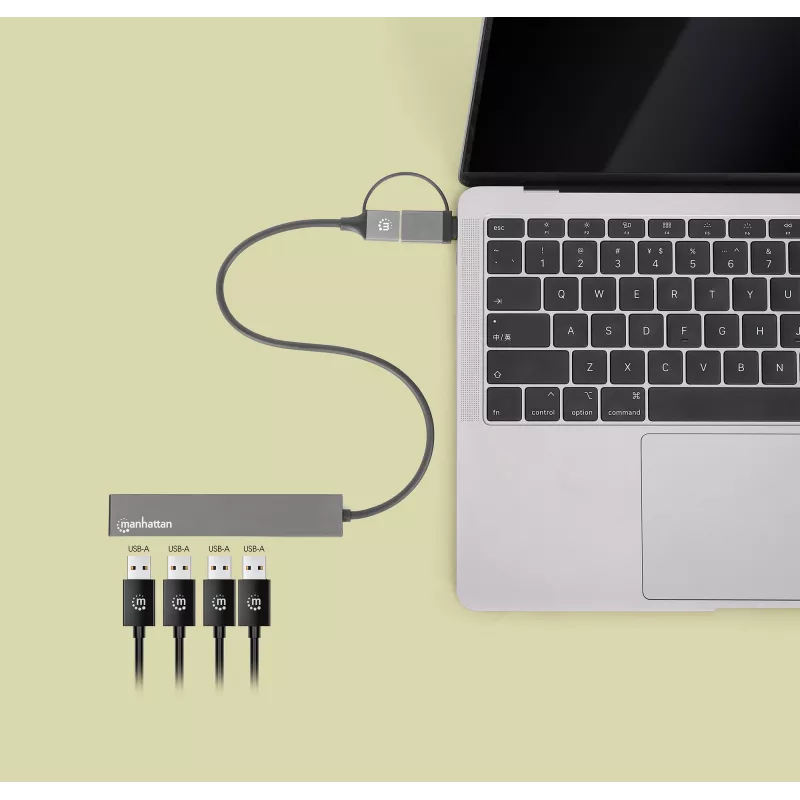 Manhattan USB-C & USB-A jungties dokas / šakotuvas, 4 prievadai: USB-A (x4), 5 Gbps (USB 3.2 Gen1), maitinamas per USB, kabelis 25 cm