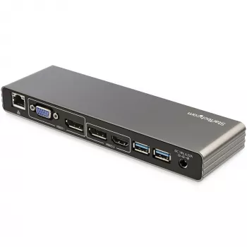 StarTech.com Thunderbolt 3 Dock – doko stotelė nešiojamam kompiuteriui su dviem 4K 60Hz monitoriais, DisplayPort, HDMI ir 1080p VGA, 85W įkrovimas, 2x USB-A, Ethernet, skirta Mac ir Windows