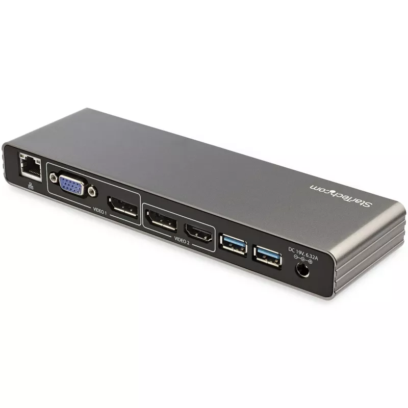 StarTech.com Thunderbolt 3 Dock – doko stotelė nešiojamam kompiuteriui su dviem 4K 60Hz monitoriais, DisplayPort, HDMI ir 1080p VGA, 85W įkrovimas, 2x USB-A, Ethernet, skirta Mac ir Windows