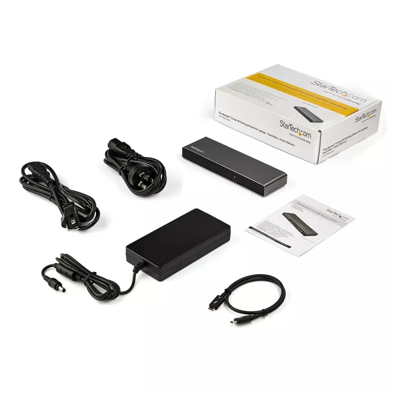 StarTech.com Thunderbolt 3 Dock – doko stotelė nešiojamam kompiuteriui su dviem 4K 60Hz monitoriais, DisplayPort, HDMI ir 1080p VGA, 85W įkrovimas, 2x USB-A, Ethernet, skirta Mac ir Windows