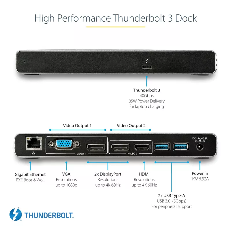 StarTech.com Thunderbolt 3 Dock – doko stotelė nešiojamam kompiuteriui su dviem 4K 60Hz monitoriais, DisplayPort, HDMI ir 1080p VGA, 85W įkrovimas, 2x USB-A, Ethernet, skirta Mac ir Windows