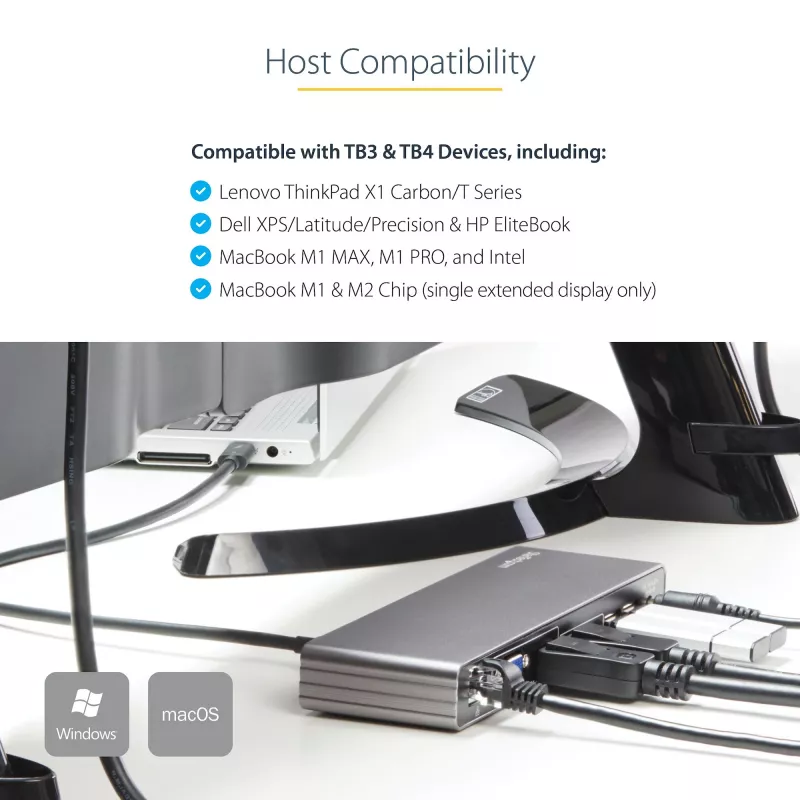 StarTech.com Thunderbolt 3 Dock – doko stotelė nešiojamam kompiuteriui su dviem 4K 60Hz monitoriais, DisplayPort, HDMI ir 1080p VGA, 85W įkrovimas, 2x USB-A, Ethernet, skirta Mac ir Windows