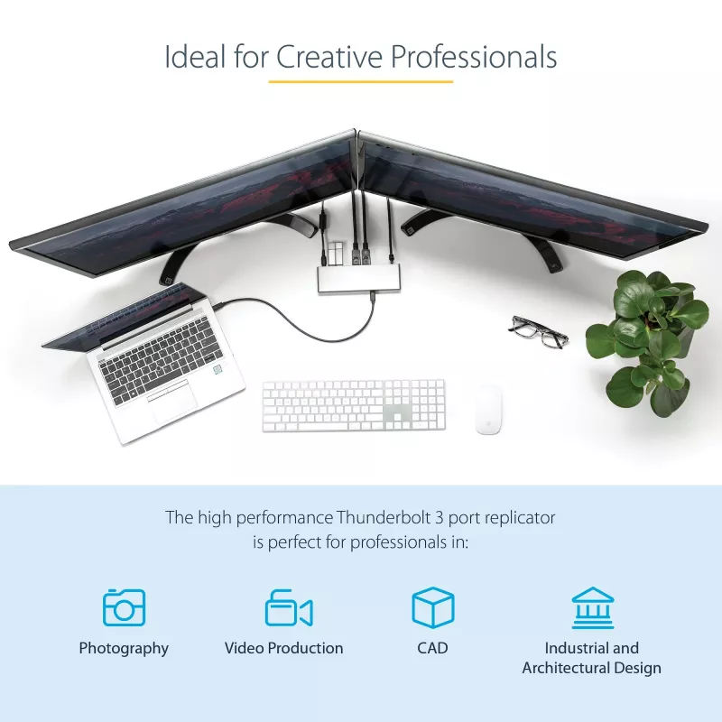 StarTech.com Thunderbolt 3 Dock – doko stotelė nešiojamam kompiuteriui su dviem 4K 60Hz monitoriais, DisplayPort, HDMI ir 1080p VGA, 85W įkrovimas, 2x USB-A, Ethernet, skirta Mac ir Windows