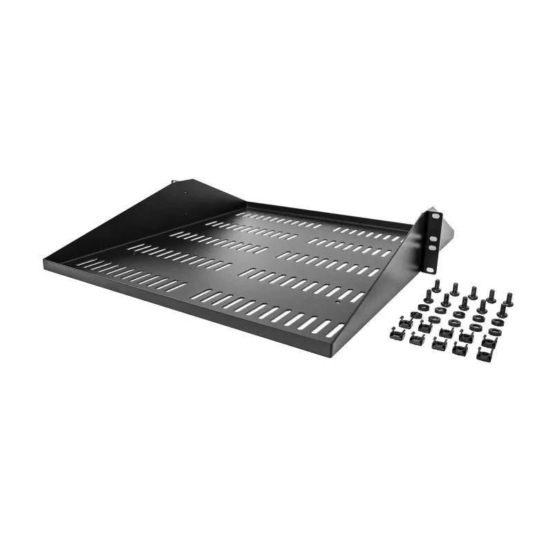 StarTech.com 2U serverinė lentyna, centre montuojama universali ventiliuojama konsolinė padėkla 19 colių tinklo įrangos stovui, tvirtas plienas, 91 kg talpa, 50,8 cm gylio, juoda