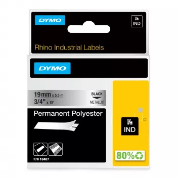 DYMO Rhino Industrial ilgalaikės poliesterio etiketės | 19 mm x 5,5 m | juodas spaudinys ant metalinio | lipnios | skirtos Rhino ir LabelManager etikečių spausdintuvams