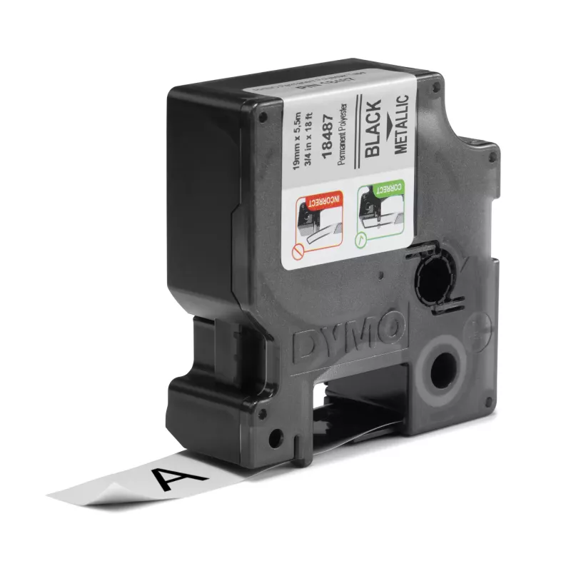 DYMO Rhino Industrial ilgalaikės poliesterio etiketės | 19 mm x 5,5 m | juodas spaudinys ant metalinio | lipnios | skirtos Rhino ir LabelManager etikečių spausdintuvams