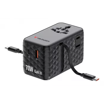 Verbatim Charge 'n' Travel 70W 2C Universalus kelioninis adapteris su įtraukiamais laidais juodas