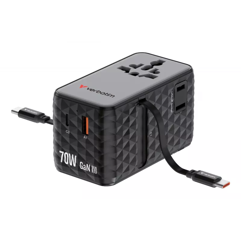 Verbatim Charge 'n' Travel 70W 2C Universalus kelioninis adapteris su įtraukiamais laidais juodas