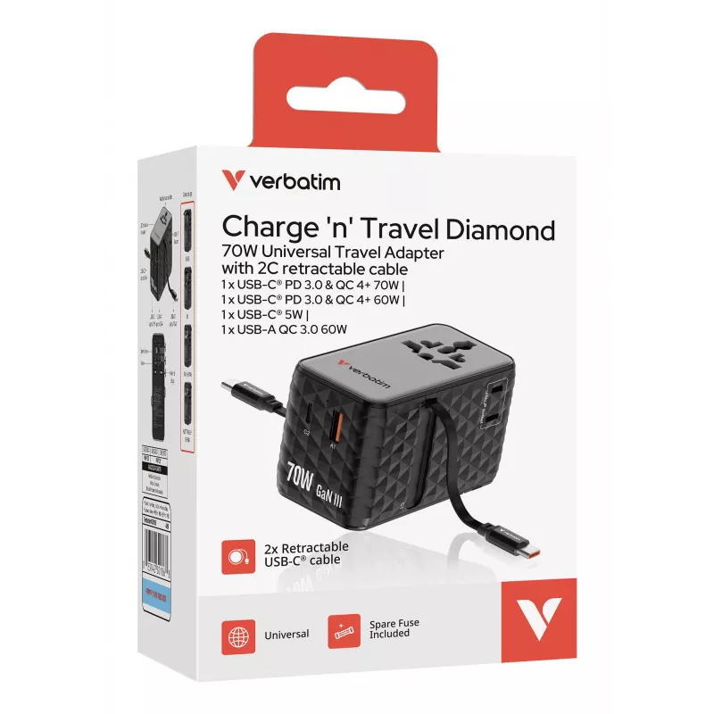 Verbatim Charge 'n' Travel 70W 2C Universalus kelioninis adapteris su įtraukiamais laidais juodas