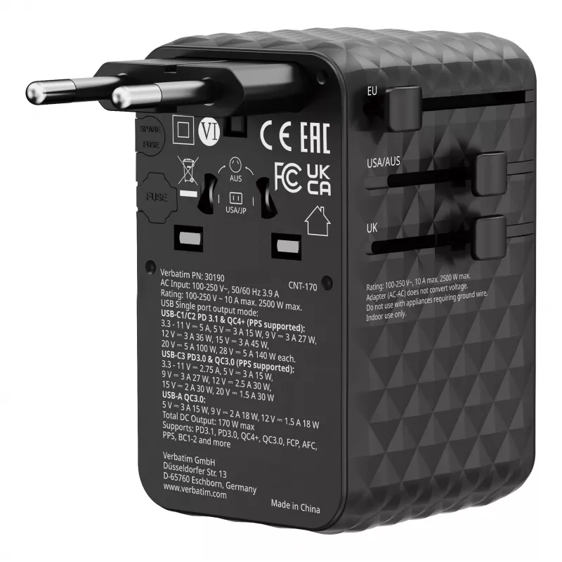 Verbatim Charge 'n' Travel 170W Universalus kelioninis adapteris juodas