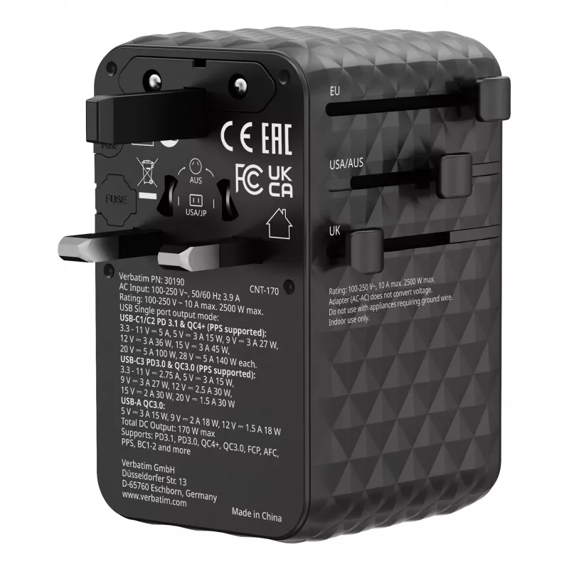 Verbatim Charge 'n' Travel 170W Universalus kelioninis adapteris juodas