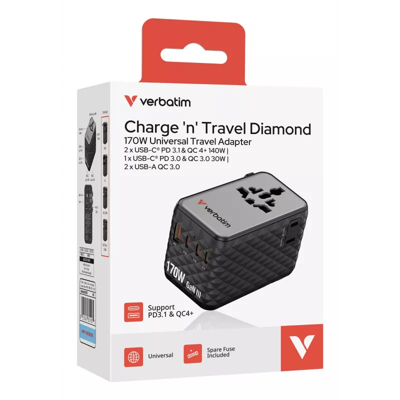 Verbatim Charge 'n' Travel 170W Universalus kelioninis adapteris juodas