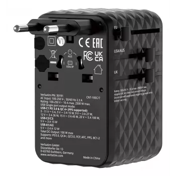 Verbatim Charge 'n' Travel 100W Universalus kelioninis adapteris su įtraukiamu kabeliu Juodas