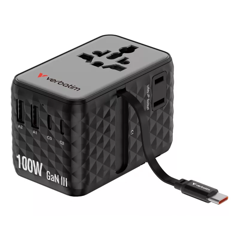 Verbatim Charge 'n' Travel 100W Universalus kelioninis adapteris su įtraukiamu kabeliu Juodas