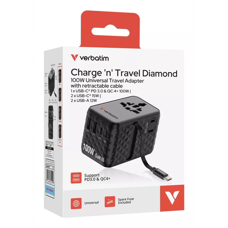 Verbatim Charge 'n' Travel 100W Universalus kelioninis adapteris su įtraukiamu kabeliu Juodas