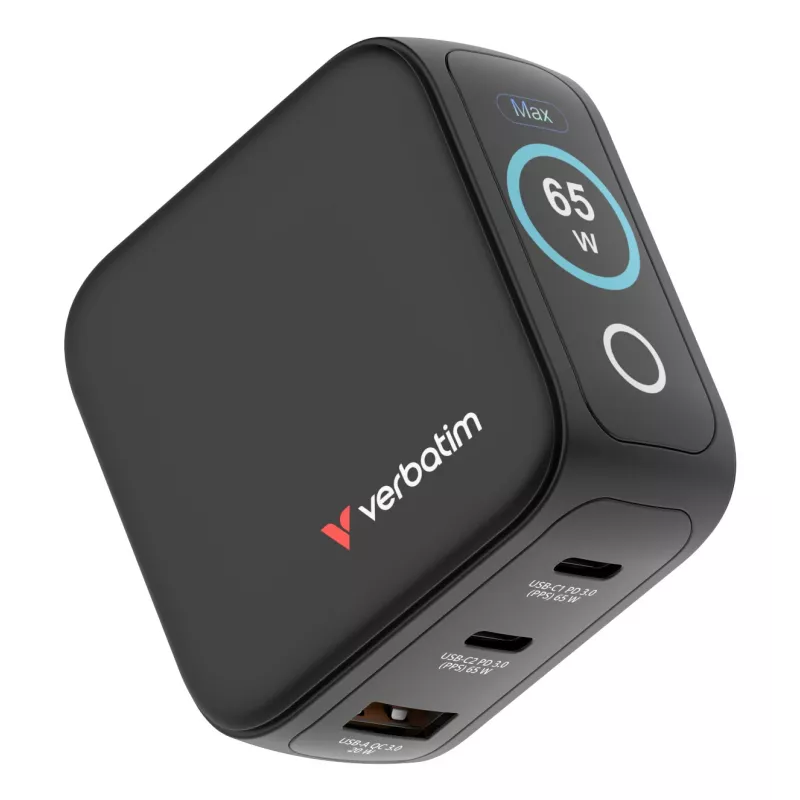 Verbatim Mini GaN įkroviklis 65W su ekranu, vidinis, AC, 20 V, juodas