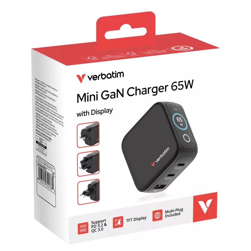 Verbatim Mini GaN įkroviklis 65W su ekranu, vidinis, AC, 20 V, juodas
