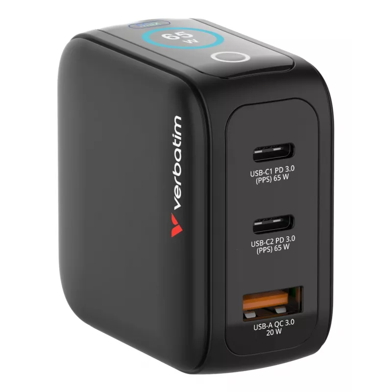 Verbatim Mini GaN įkroviklis 65W su ekranu, vidinis, AC, 20 V, juodas