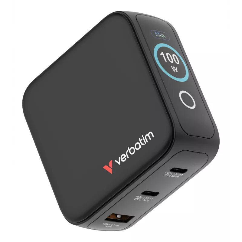 Verbatim Mini GaN įkroviklis 100W su ekranu, AC, 20 V, juodas