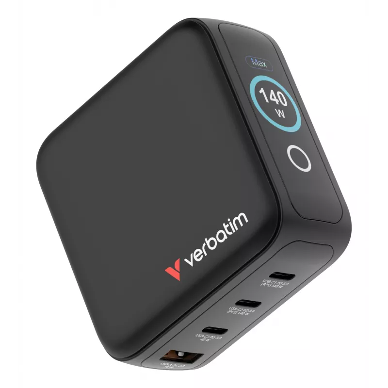 Verbatim Mini GaN įkroviklis 140W su ekranu, patalpų, AC, 28 V, juodas