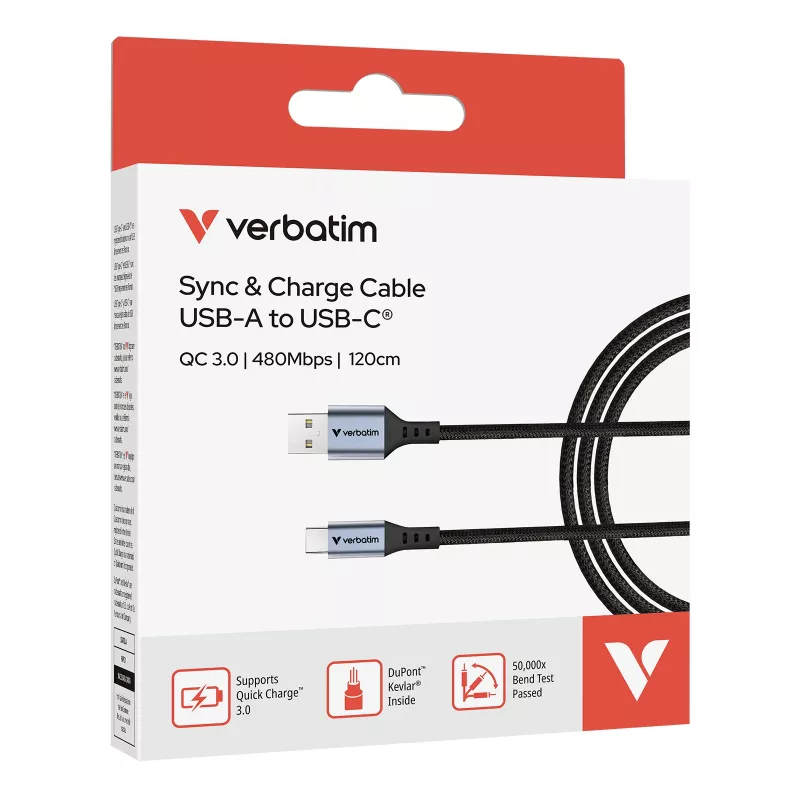 Verbatim Sync & Charge laidas USB-A į USB-C 120 cm, 1,2 m, USB A, USB C, USB 2.0, 0,48 Gbit/s, juodas