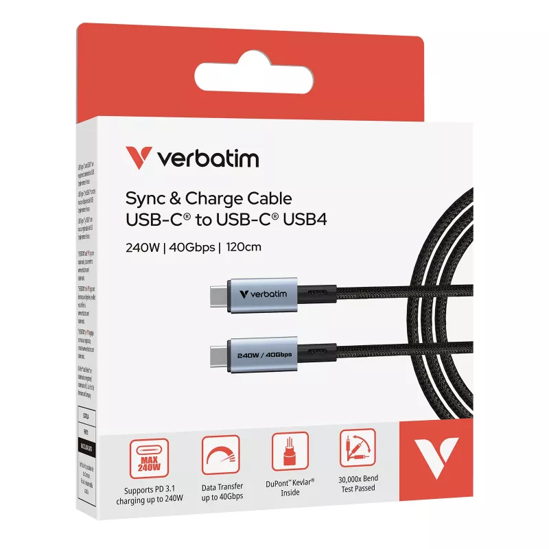 Verbatim Sync & Charge USB C į USB C 240W 40 Gbps 120 cm, 1,2 m, USB C, USB C, USB4 Gen 2x2, 40 Gbit/s, Juoda