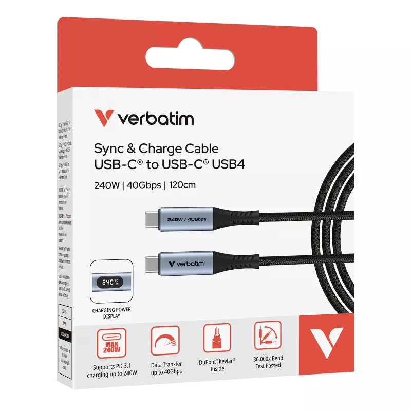 Verbatim Sync & Charge USB C į USB C 240W 40 Gbps Ekranas 120 cm