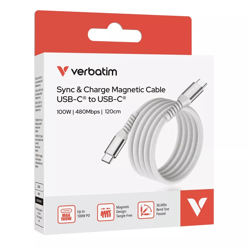 Verbatim Sync & Charge Magnetic laidas - 100W USB-C į USB-C 120 cm pilka