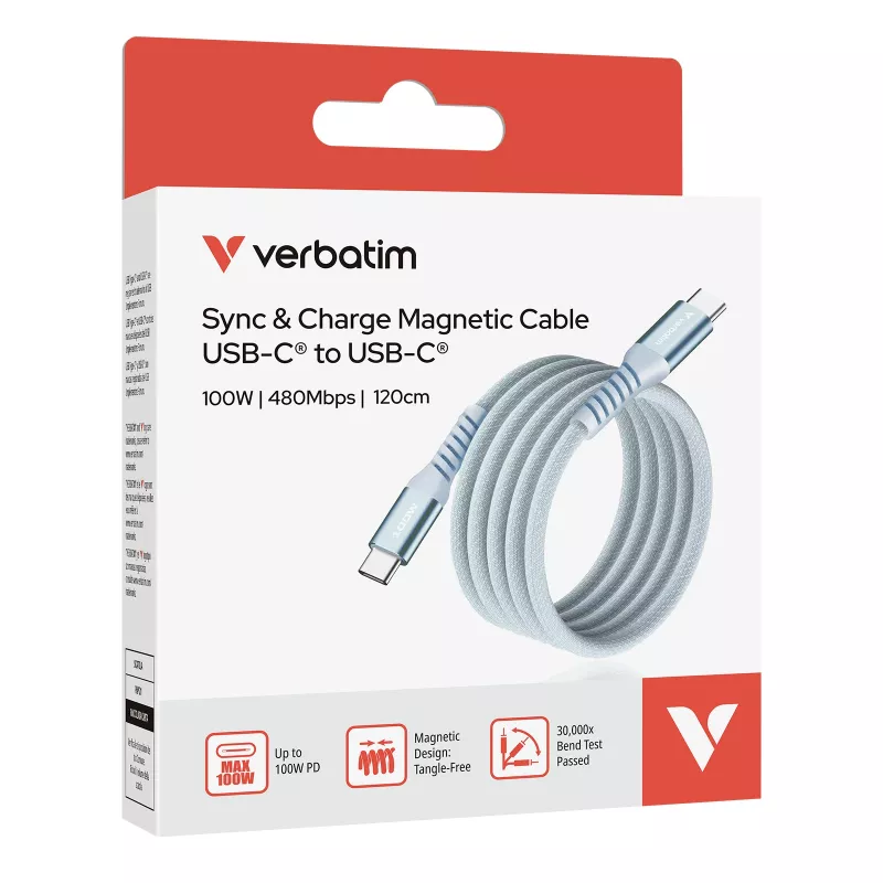 Verbatim Sync & Charge Magnetic laidas - 100W USB-C į USB-C 120 cm mėlynas