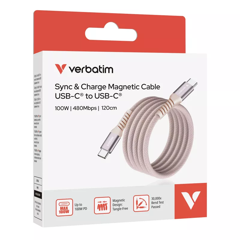 Verbatim Sync & Charge magnetinis kabelis – 100W USB-C į USB-C 120 cm rožinis