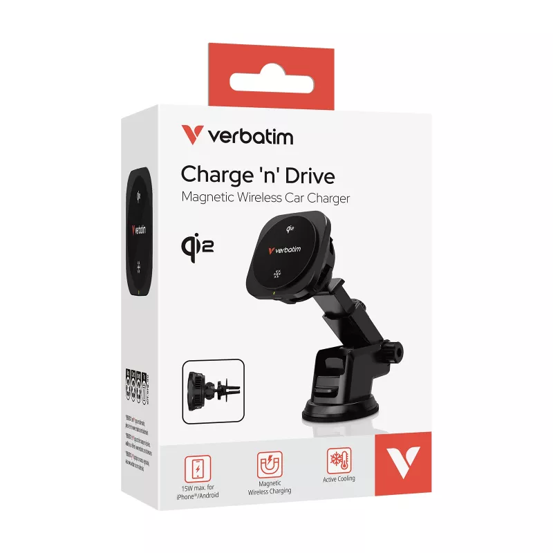 Verbatim Charge 'n' Drive Qi2 belaidis magnetinis automobilinis kroviklis, 15W, 1 m, juodas