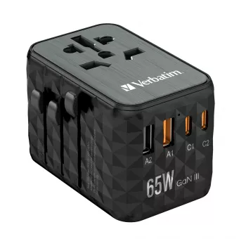 Verbatim UTA-05 65W GaN III Universalus kelioninis adapteris su 2x USB-C PD & QC 4+ ir 2x USB-A prievadais
