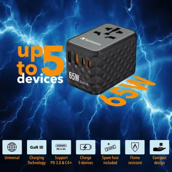 Verbatim UTA-05 65W GaN III Universalus kelioninis adapteris su 2x USB-C PD & QC 4+ ir 2x USB-A prievadais