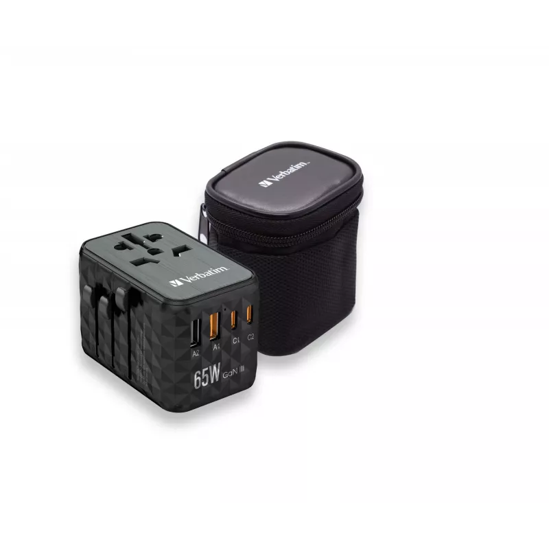 Verbatim UTA-05 65W GaN III Universalus kelioninis adapteris su 2x USB-C PD & QC 4+ ir 2x USB-A prievadais