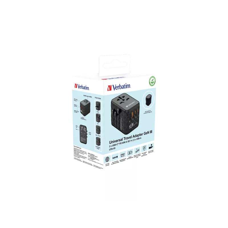Verbatim UTA-05 65W GaN III Universalus kelioninis adapteris su 2x USB-C PD & QC 4+ ir 2x USB-A prievadais
