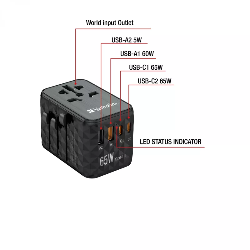 Verbatim UTA-05 65W GaN III Universalus kelioninis adapteris su 2x USB-C PD & QC 4+ ir 2x USB-A prievadais