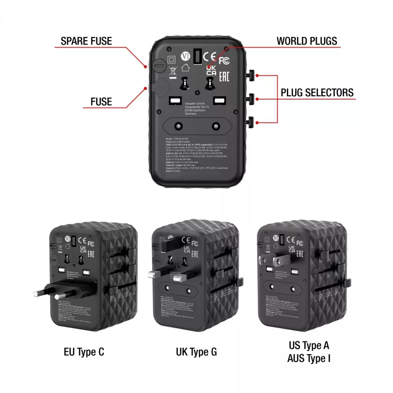 Verbatim UTA-05 65W GaN III Universalus kelioninis adapteris su 2x USB-C PD & QC 4+ ir 2x USB-A prievadais