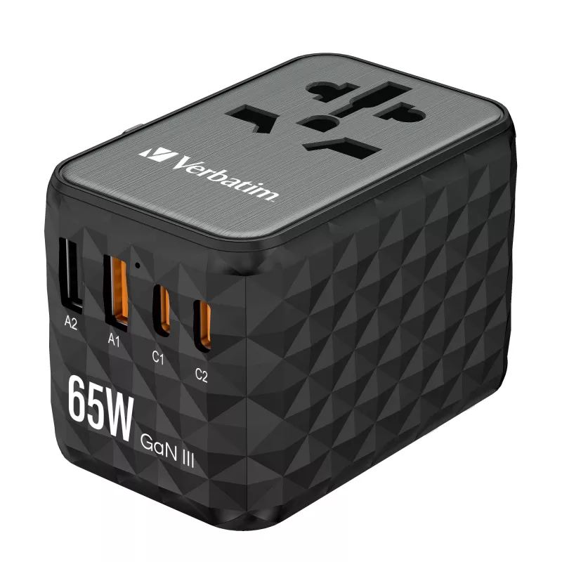 Verbatim UTA-05 65W GaN III Universalus kelioninis adapteris su 2x USB-C PD & QC 4+ ir 2x USB-A prievadais