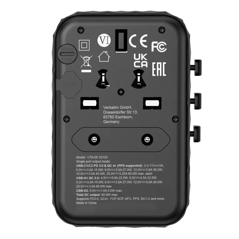 Verbatim UTA-05 65W GaN III Universalus kelioninis adapteris su 2x USB-C PD & QC 4+ ir 2x USB-A prievadais