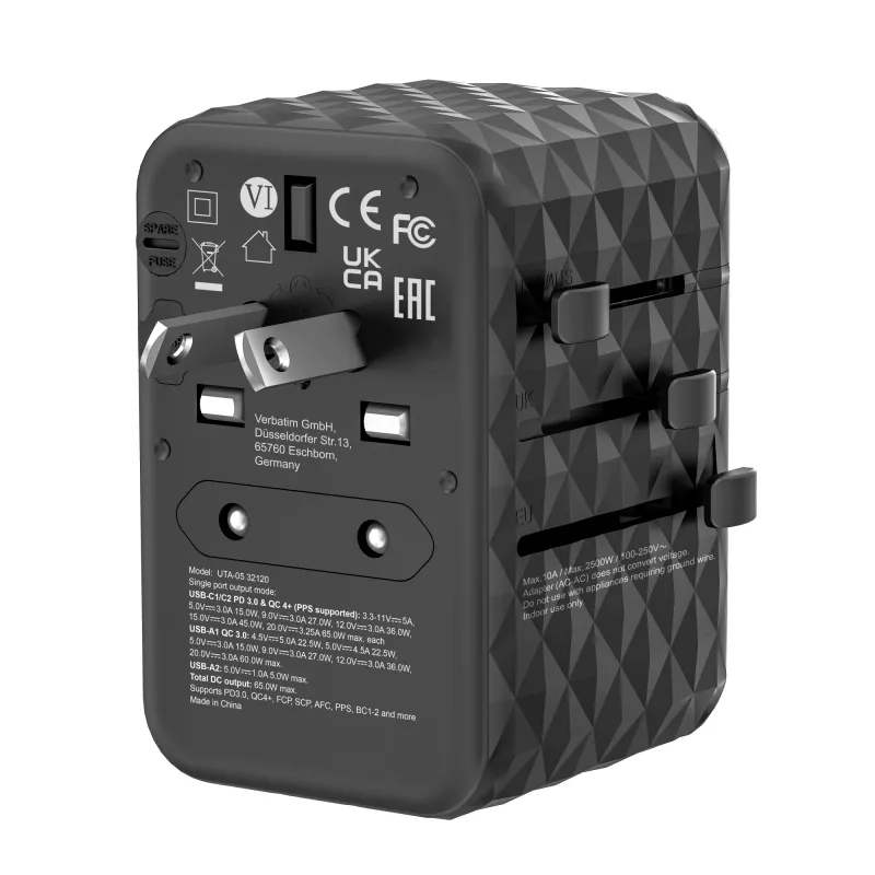 Verbatim UTA-05 65W GaN III Universalus kelioninis adapteris su 2x USB-C PD & QC 4+ ir 2x USB-A prievadais