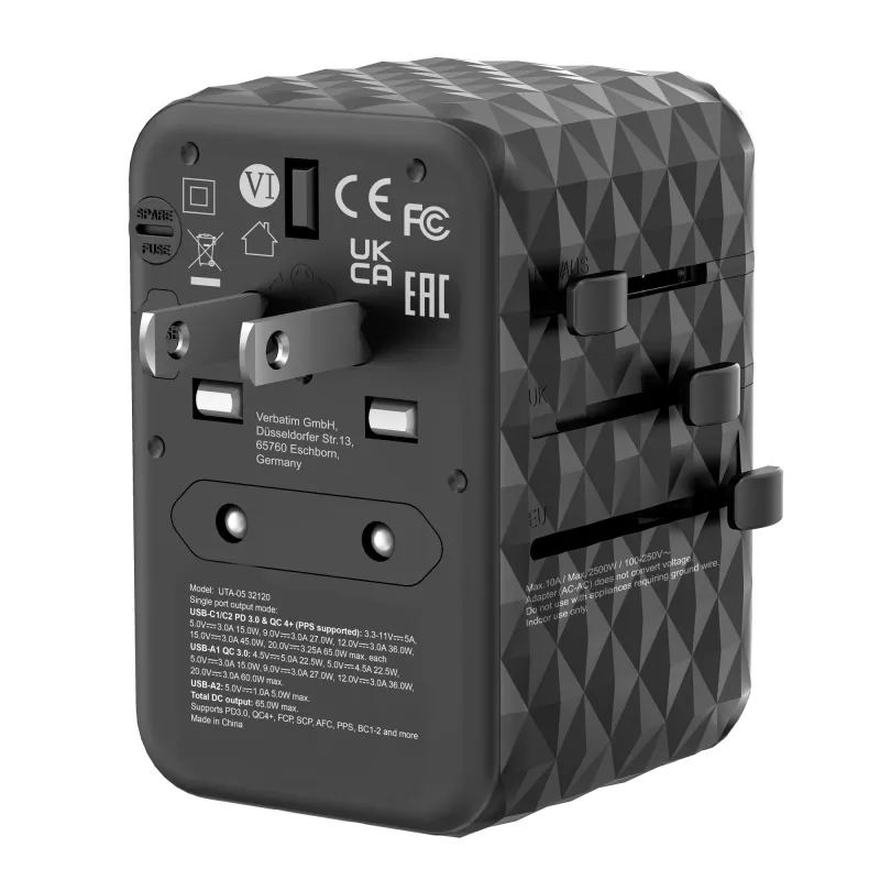 Verbatim UTA-05 65W GaN III Universalus kelioninis adapteris su 2x USB-C PD & QC 4+ ir 2x USB-A prievadais