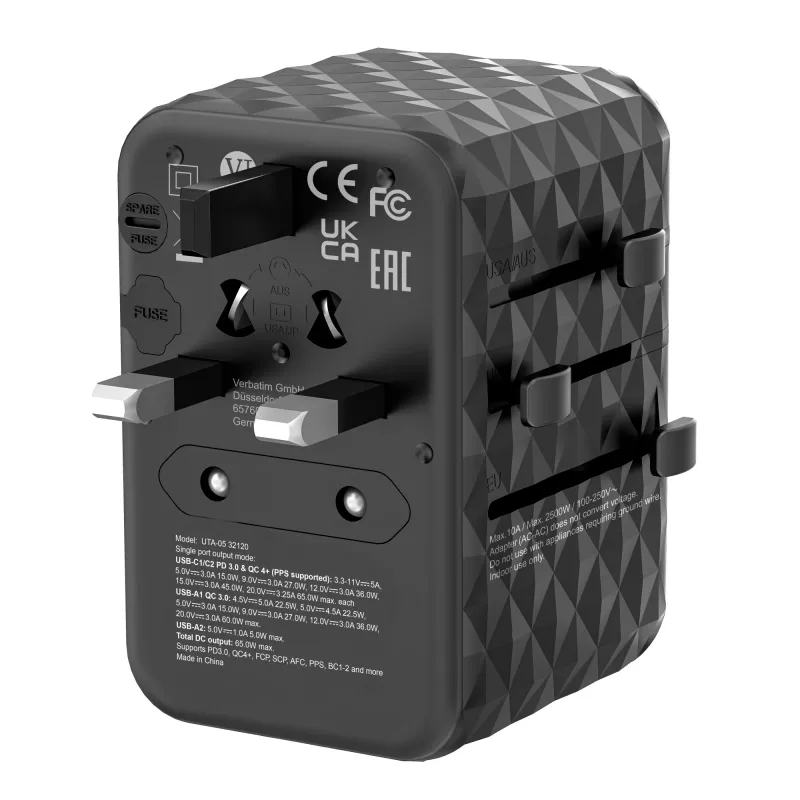 Verbatim UTA-05 65W GaN III Universalus kelioninis adapteris su 2x USB-C PD & QC 4+ ir 2x USB-A prievadais