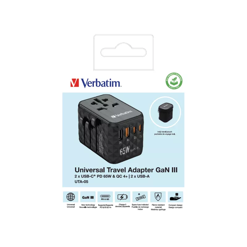 Verbatim UTA-05 65W GaN III Universalus kelioninis adapteris su 2x USB-C PD & QC 4+ ir 2x USB-A prievadais