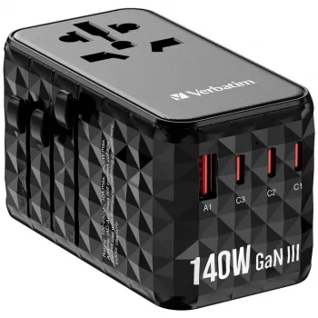 Verbatim UTA-10 140W GaN III Universalus kelioninis adapteris su 2x USB-C PD 3.1 ir QC 4+, 1x USB-C PD 3.0 ir 1x USB-A QC 3.0