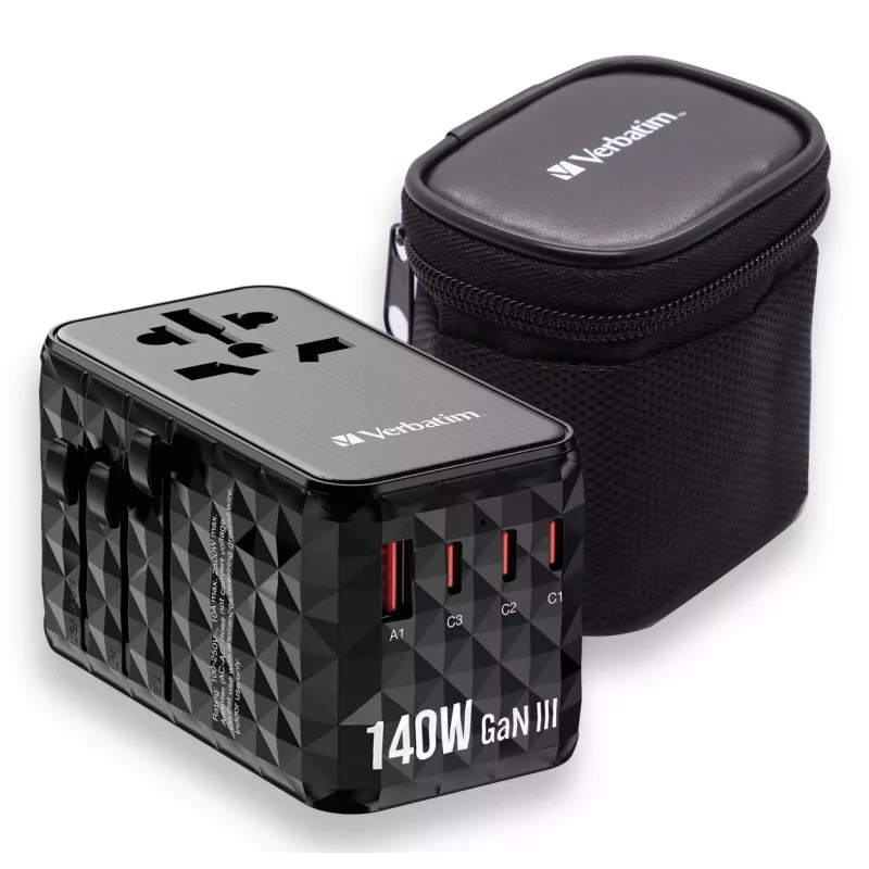 Verbatim UTA-10 140W GaN III Universalus kelioninis adapteris su 2x USB-C PD 3.1 ir QC 4+, 1x USB-C PD 3.0 ir 1x USB-A QC 3.0