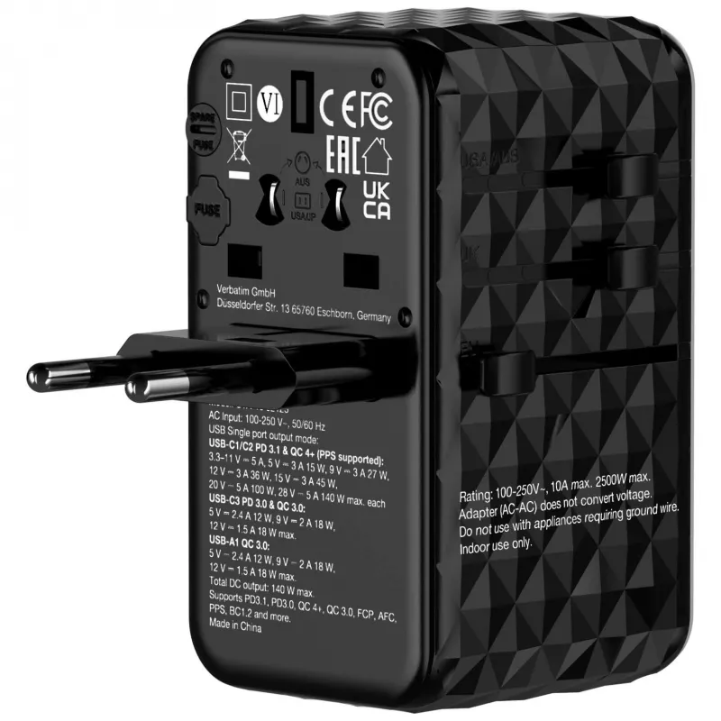 Verbatim UTA-10 140W GaN III Universalus kelioninis adapteris su 2x USB-C PD 3.1 ir QC 4+, 1x USB-C PD 3.0 ir 1x USB-A QC 3.0