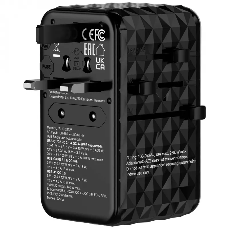 Verbatim UTA-10 140W GaN III Universalus kelioninis adapteris su 2x USB-C PD 3.1 ir QC 4+, 1x USB-C PD 3.0 ir 1x USB-A QC 3.0