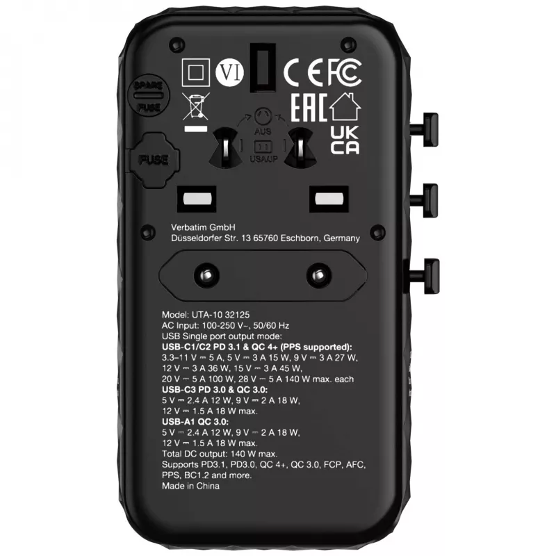 Verbatim UTA-10 140W GaN III Universalus kelioninis adapteris su 2x USB-C PD 3.1 ir QC 4+, 1x USB-C PD 3.0 ir 1x USB-A QC 3.0
