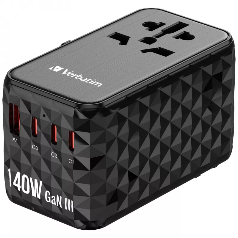 Verbatim UTA-10 140W GaN III Universalus kelioninis adapteris su 2x USB-C PD 3.1 ir QC 4+, 1x USB-C PD 3.0 ir 1x USB-A QC 3.0