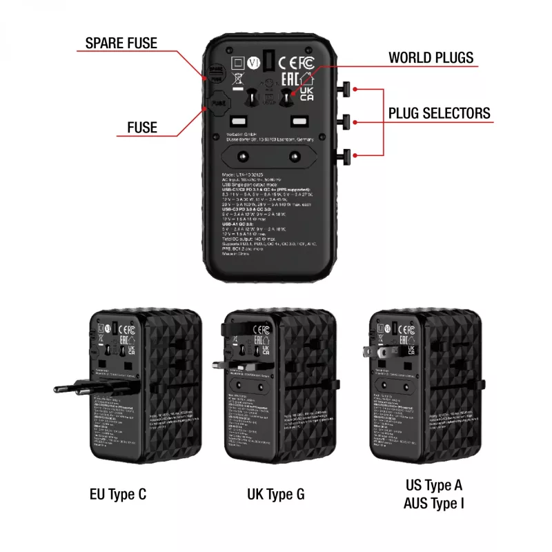 Verbatim UTA-10 140W GaN III Universalus kelioninis adapteris su 2x USB-C PD 3.1 ir QC 4+, 1x USB-C PD 3.0 ir 1x USB-A QC 3.0